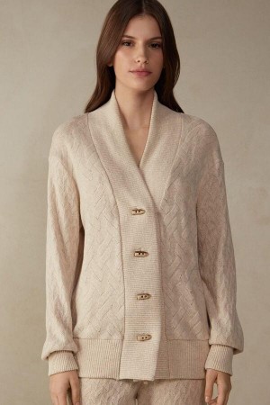 Intimissimi Winter Braid Long Sleeve Jacquard Cardigan Women's Pajamas Beige | USA 2163ISZ