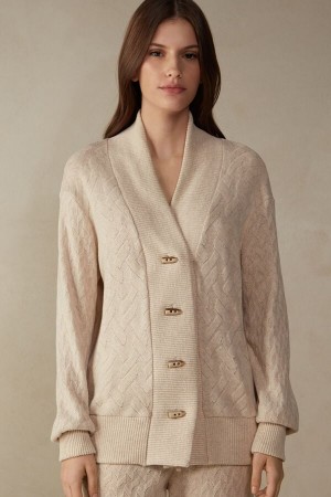 Intimissimi Winter Braid Long Sleeve Jacquard Cardigan Women's Jacket Beige | USA 1779FMM