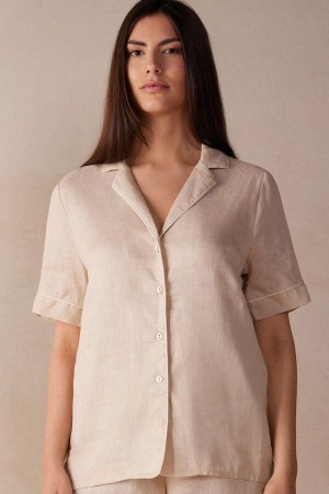 Intimissimi Yacht Night Linen Short Sleeve Shirt Women's Pajamas Beige | USA 2090DNN