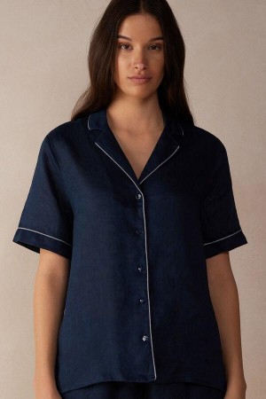 Intimissimi Yacht Night Linen Short Sleeve Shirt Women's Pajamas Blue | USA 2091FMM