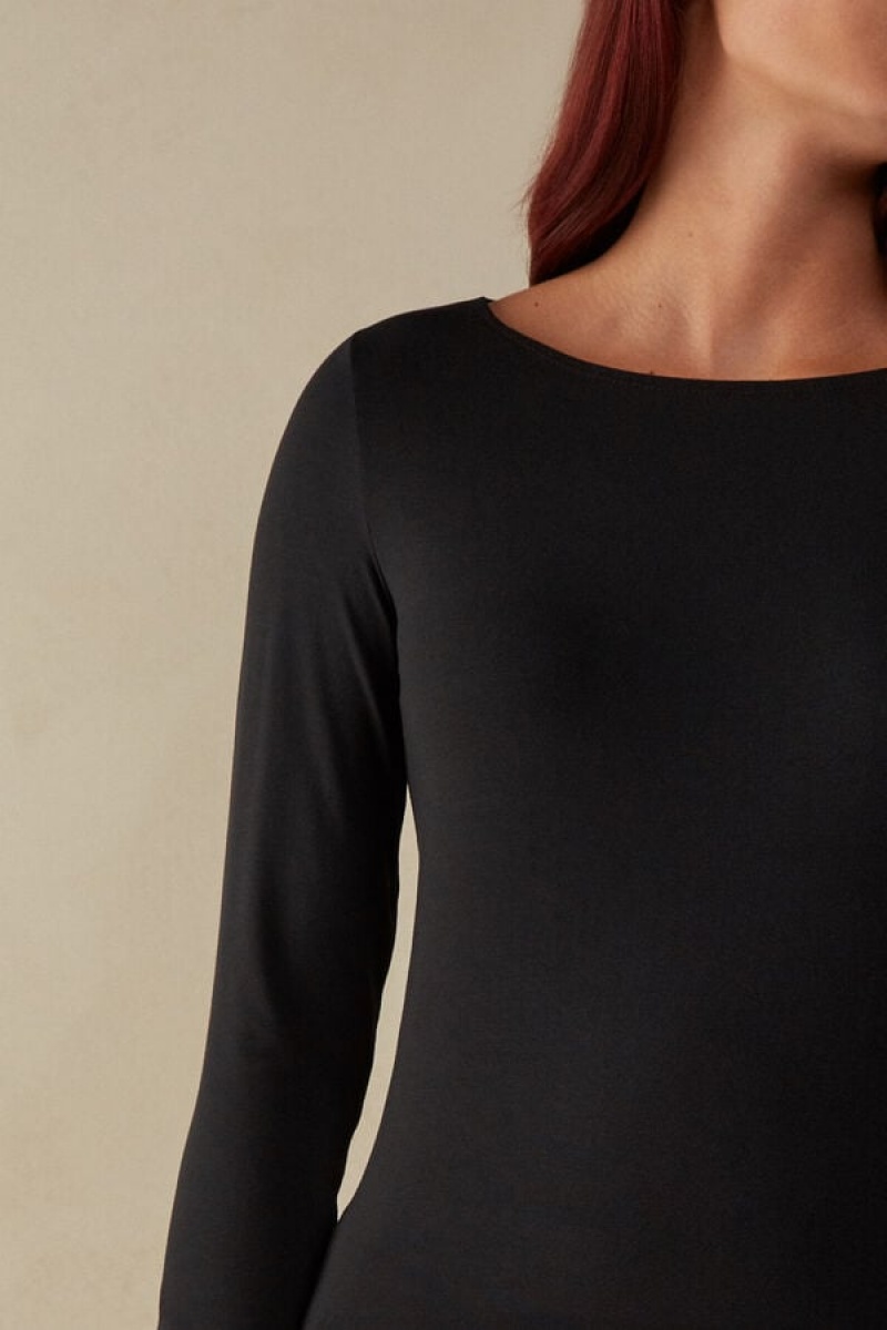 Intimissimi Bateau Neck Top in Micromodal Women's Long Sleeve Black | USA 1819WYF