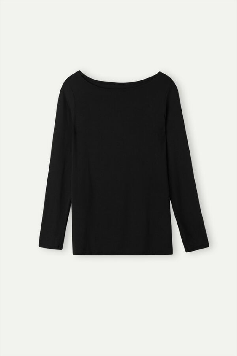 Intimissimi Bateau Neck Top in Micromodal Women's Long Sleeve Black | USA 1819WYF