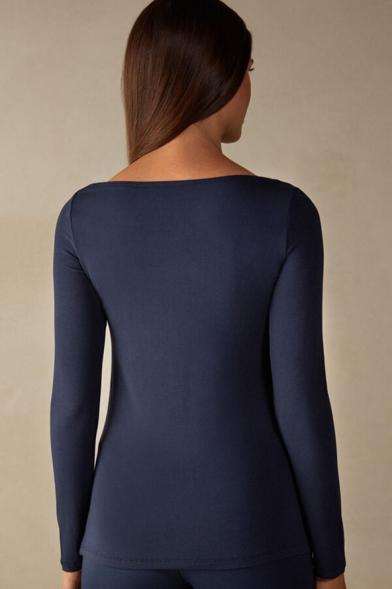 Intimissimi Bateau Neck Top in Micromodal Women's Long Sleeve Blue | USA 1820EXG