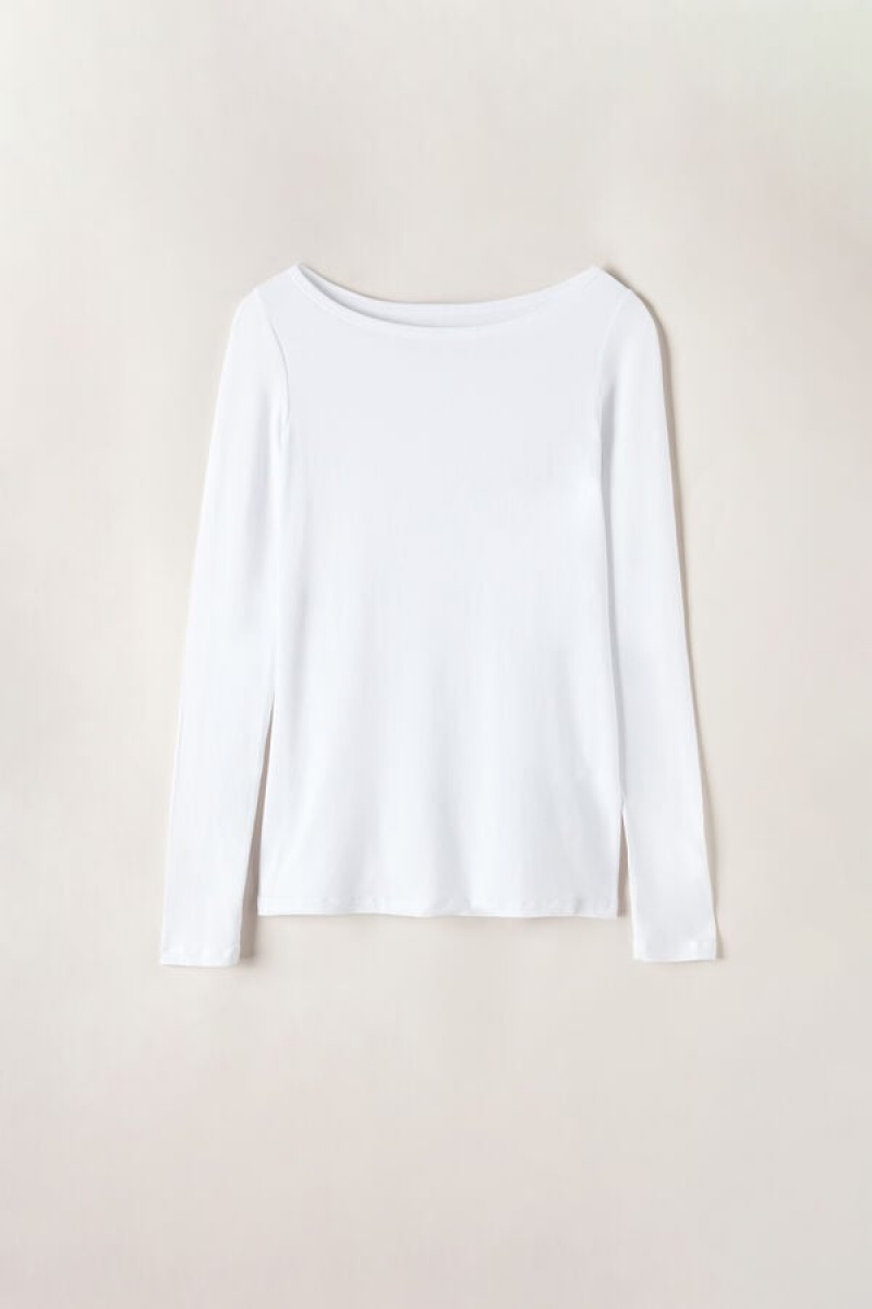 Intimissimi Bateau Neck Top in Micromodal Women's Long Sleeve White | USA 1821RWH