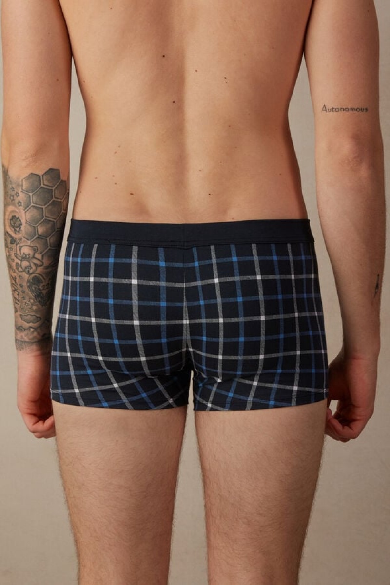 Intimissimi Blue Checkered in Stretch Supima® Cotton Men's Boxer Blue | USA 2639MAW