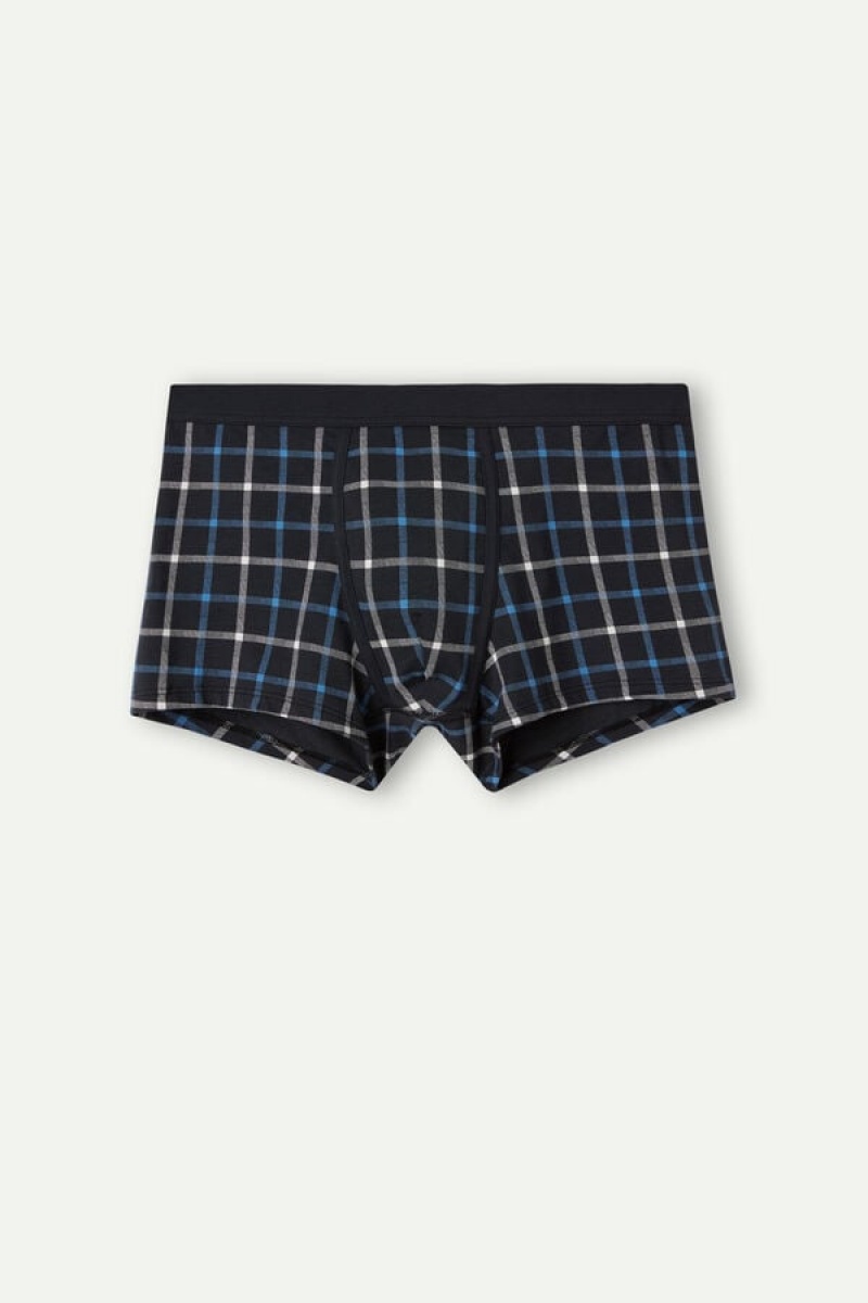 Intimissimi Blue Checkered in Stretch Supima® Cotton Men's Boxer Blue | USA 2639MAW