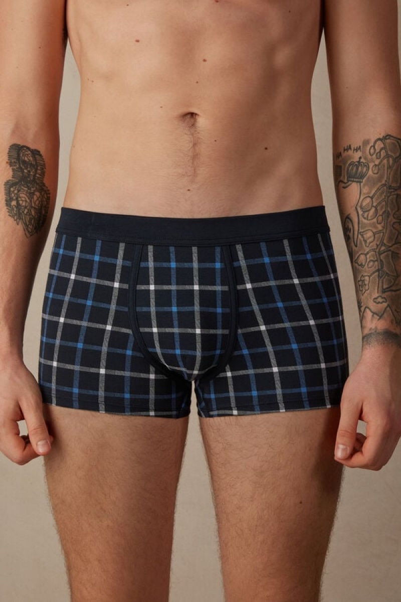 Intimissimi Blue Checkered in Stretch Supima® Cotton Men\'s Boxer Blue | USA 2639MAW