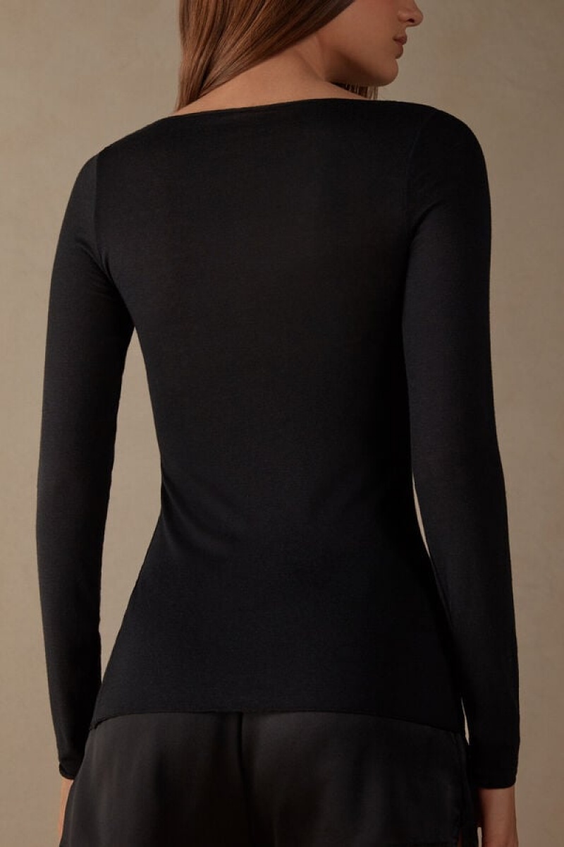 Intimissimi Boat Neck Modal Cashmere Ultralight Top Women's Long Sleeve Black | USA 1796TVJ