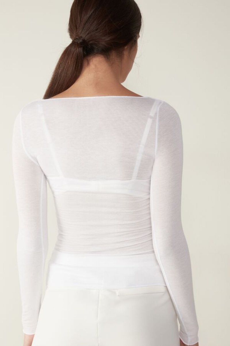 Intimissimi Boat Neck Modal Cashmere Ultralight Top Women's Long Sleeve White | USA 1809KIR