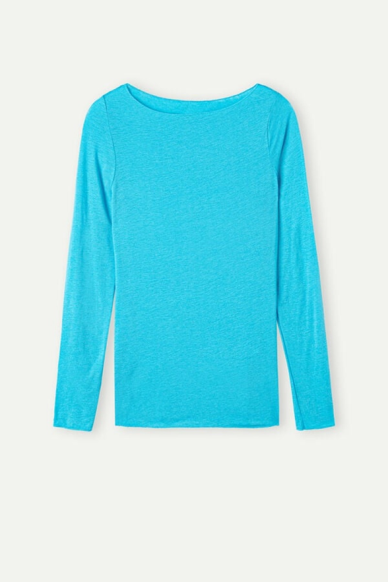 Intimissimi Boat Neck Modal Cashmere Ultralight Top Women's Long Sleeve Turquoise | USA 1829SOB