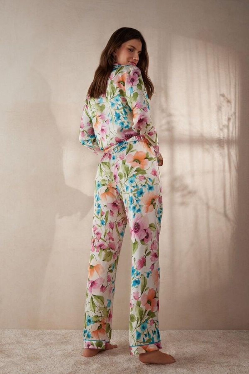 Intimissimi Botanical Lyrics Full Length Satin Pants Women's Pajamas Multicolor | USA 2034ORX