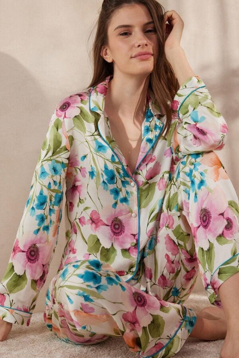 Intimissimi Botanical Lyrics Satin Button Up Shirt Women's Pajamas Multicolor | USA 2136UTL