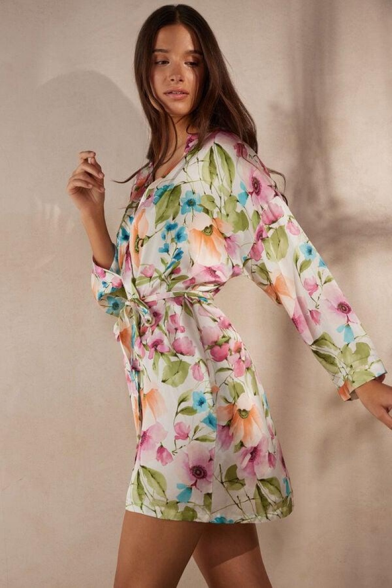 Intimissimi Botanical Lyrics Satin Kimono Women's Pajamas Multicolor | USA 2193SOB