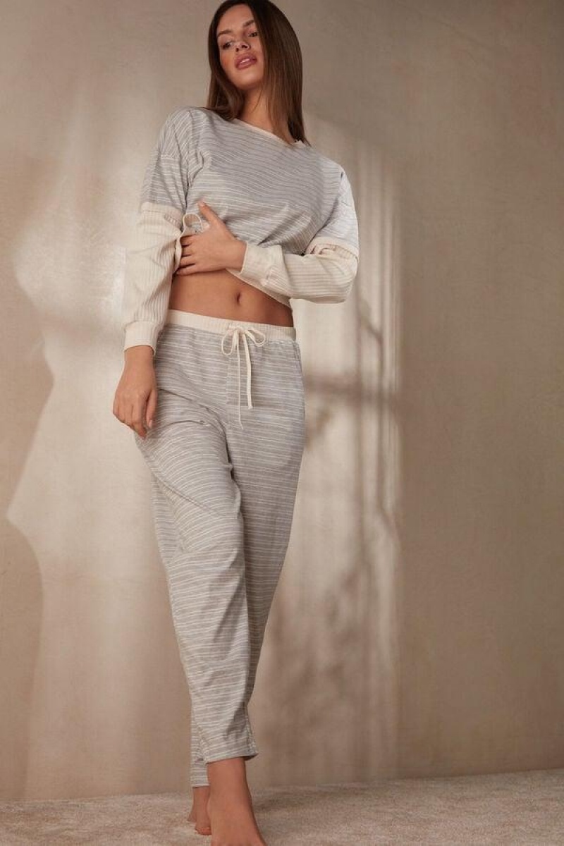 Intimissimi Casual Sunday Full Length Pants Women's Pajamas Grey / Light Yellow Beige Stripes | USA 2035PQC