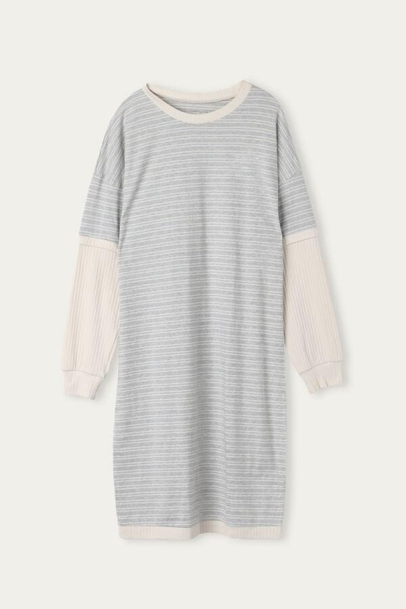 Intimissimi Casual Sunday Long Sleeve Nightshirt Women's Pajamas Grey / Light Yellow Beige Stripes | USA 2216ORX