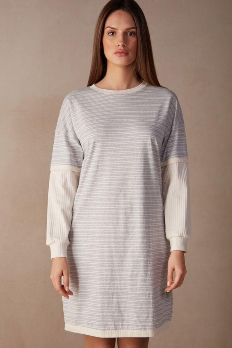 Intimissimi Casual Sunday Long Sleeve Nightshirt Women\'s Pajamas Grey / Light Yellow Beige Stripes | USA 2216ORX