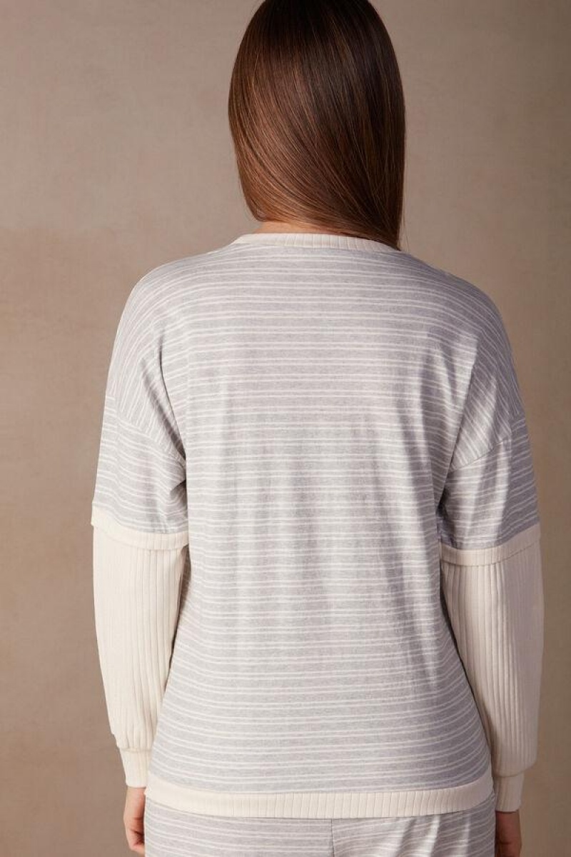 Intimissimi Casual Sunday Long Sleeve Top Women's Pajamas Grey / Light Yellow Beige Stripes | USA 2137ISZ