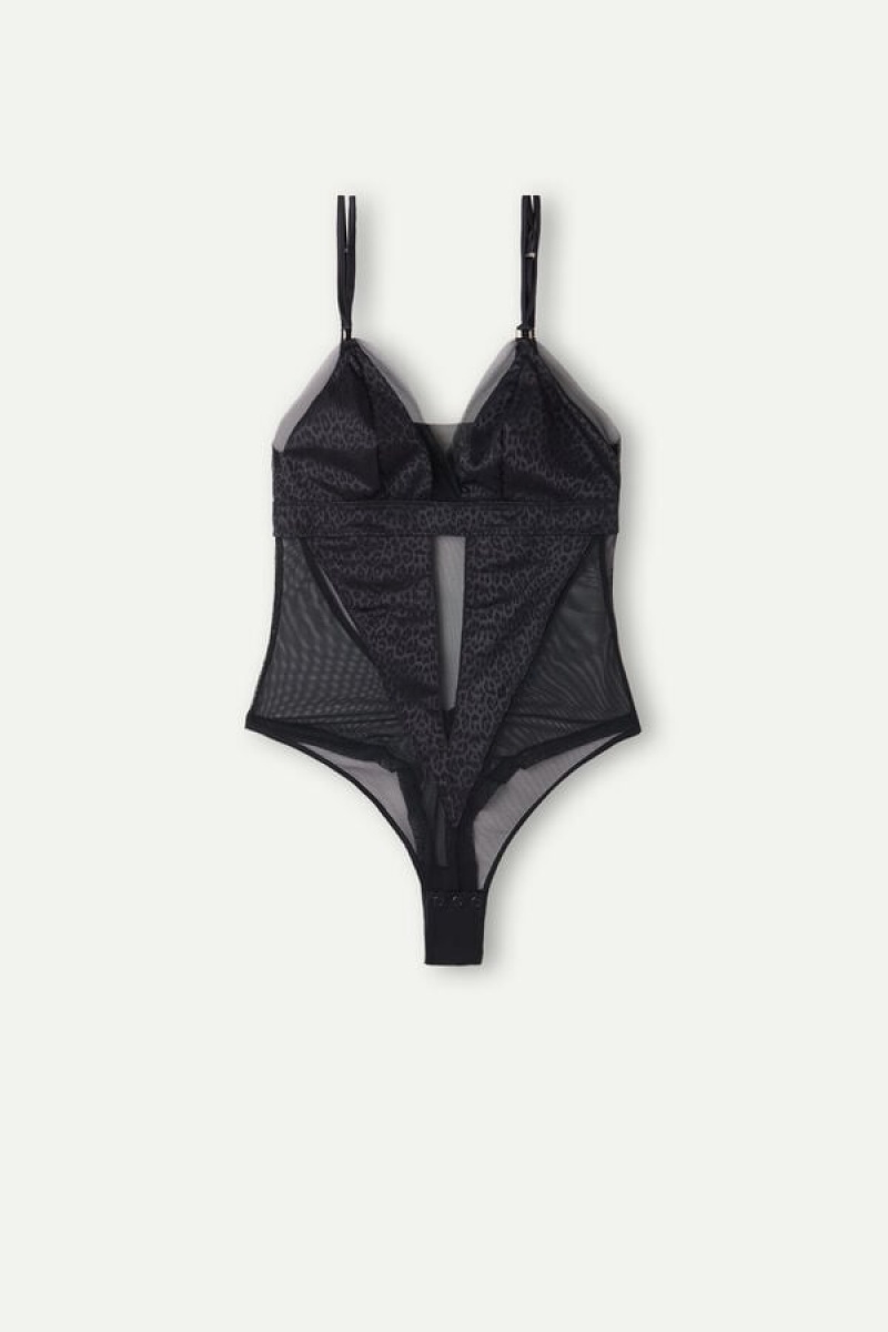 Intimissimi Cool Minimal Tulle and Satin Women's Bodysuit Black | USA 1876UTL