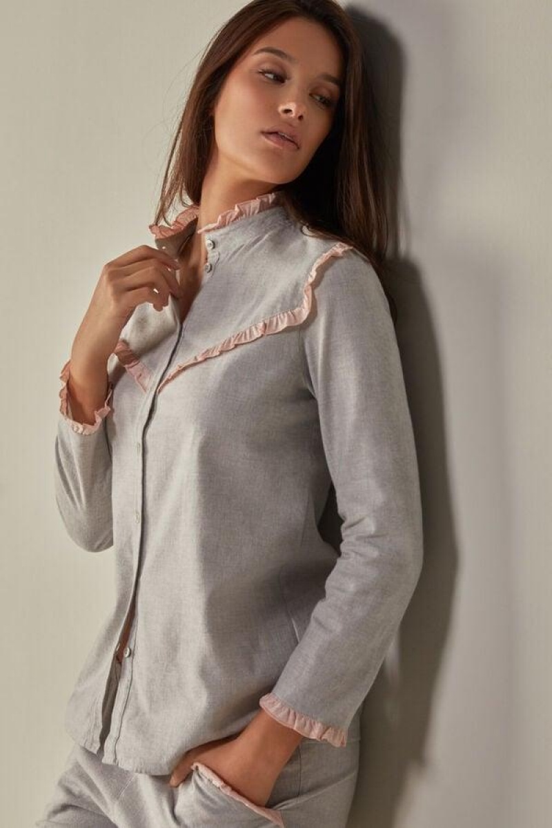 Intimissimi Cotton Rouches Brushed Cotton Cloth Long Sleeve Shirt Women's Pajamas Light Grey | USA 2181MAS