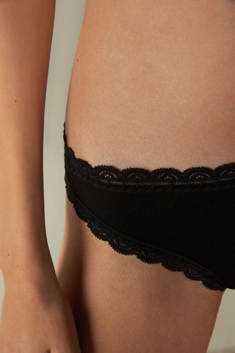 Intimissimi Cotton and Lace Brazilian Women's Panties Black | USA 2518HKA