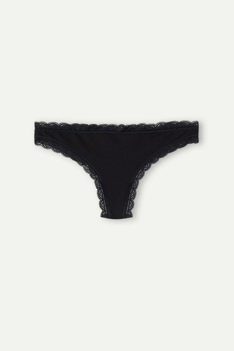 Intimissimi Cotton and Lace Brazilian Women's Panties Black | USA 2518HKA