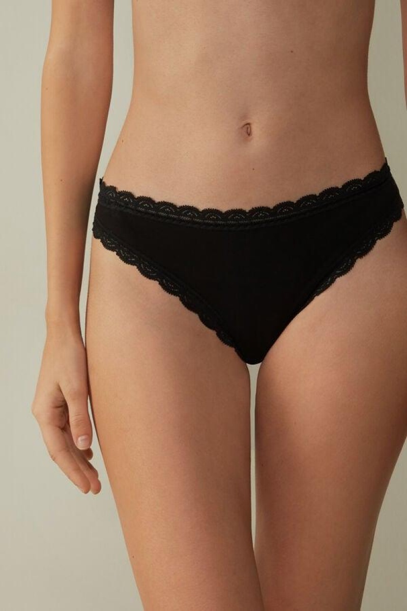 Intimissimi Cotton and Lace Brazilian Women\'s Panties Black | USA 2518HKA