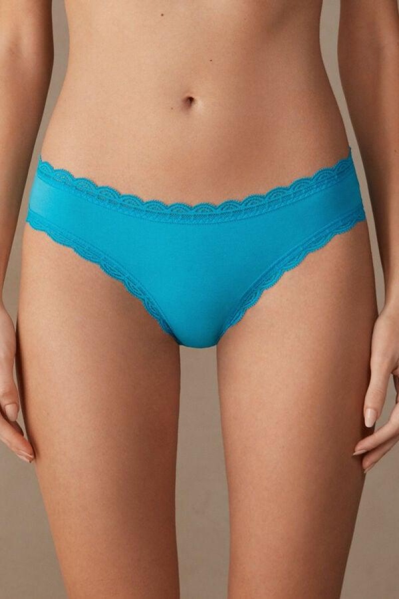 Intimissimi Cotton and Lace Women\'s Panties Turquoise | USA 2385LHI