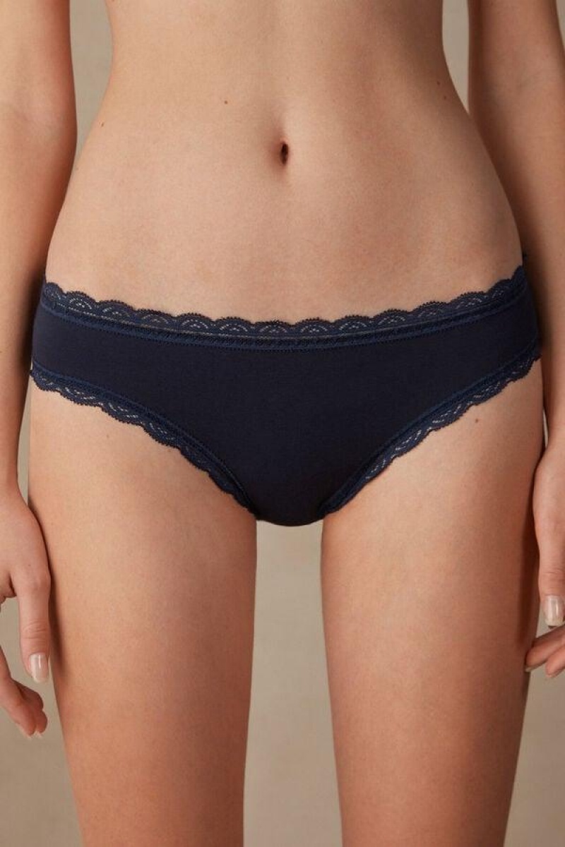 Intimissimi Cotton and Lace Women\'s Panties Blue | USA 2387JJP