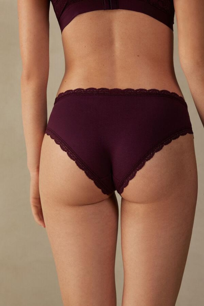 Intimissimi Cotton and Lace Women's Panties Purple | USA 2394PQJ