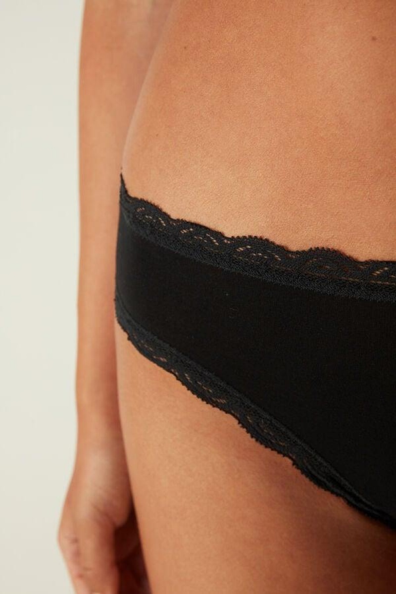 Intimissimi Cotton and Lace Women's Panties Black | USA 2410ZGU