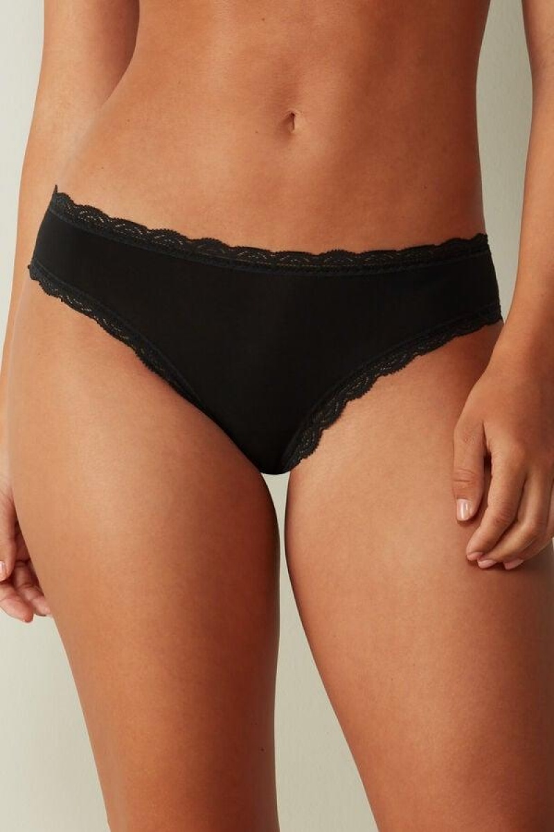 Intimissimi Cotton and Lace Women\'s Panties Black | USA 2410ZGU