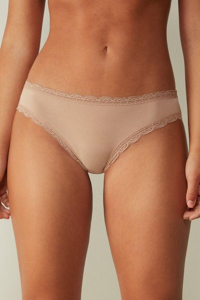 Intimissimi Cotton and Lace Women\'s Panties Beige | USA 2432BCE