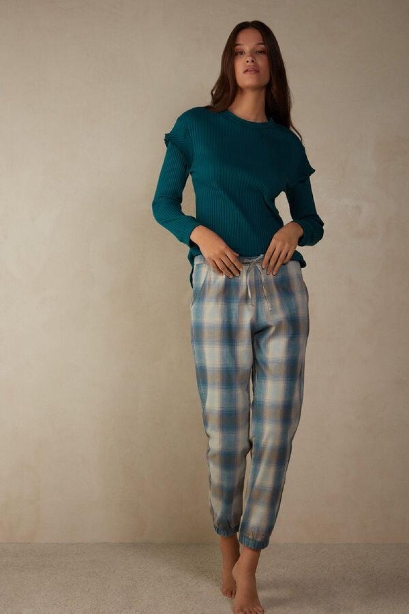 Intimissimi Cozy Mountains Brushed Cloth Pants with Cuffs Women's Pajamas Blue | USA 2065FMM