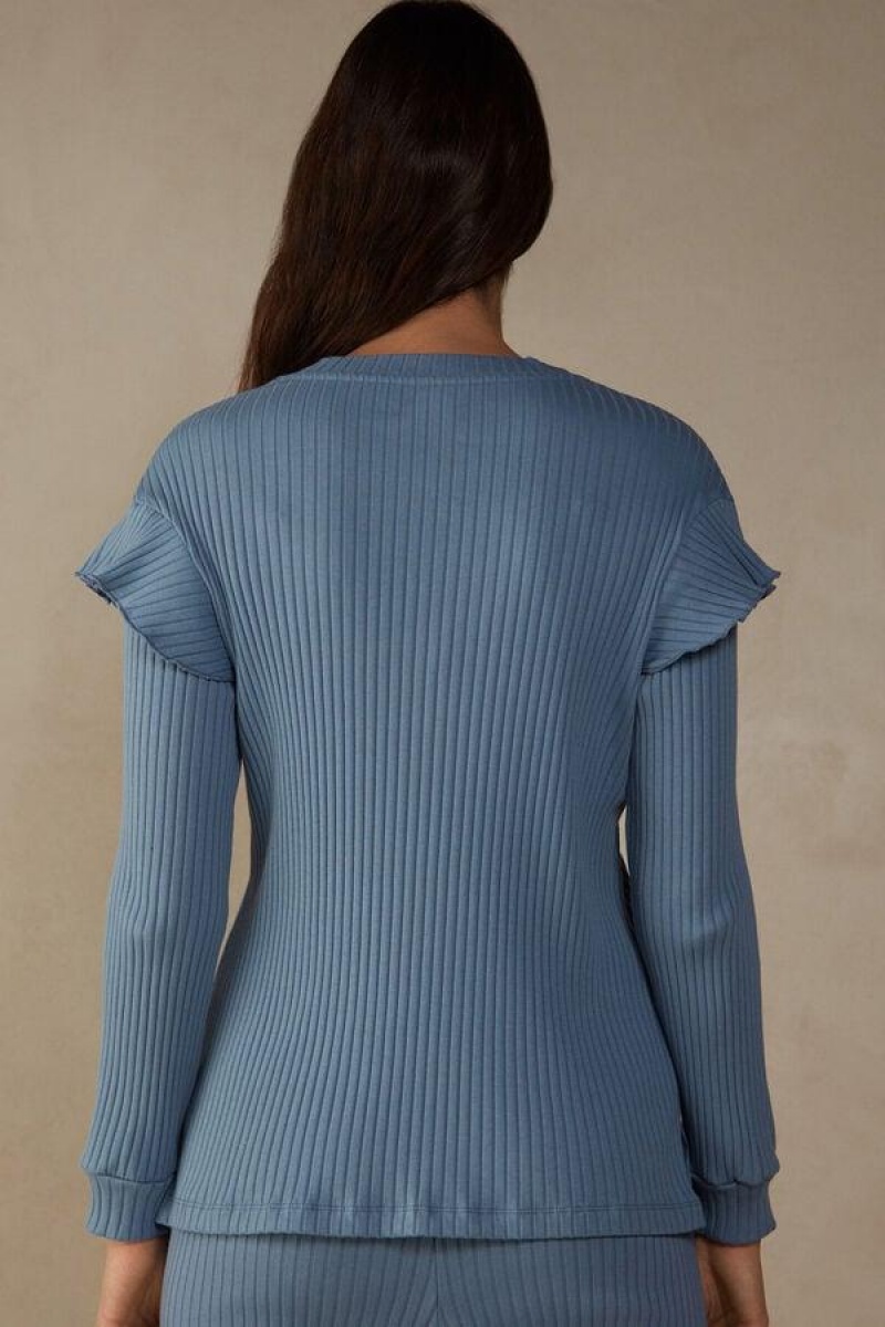 Intimissimi Cozy Mountains Long Sleeve Ribbed Top Women's Pajamas Blue | USA 2157WYF