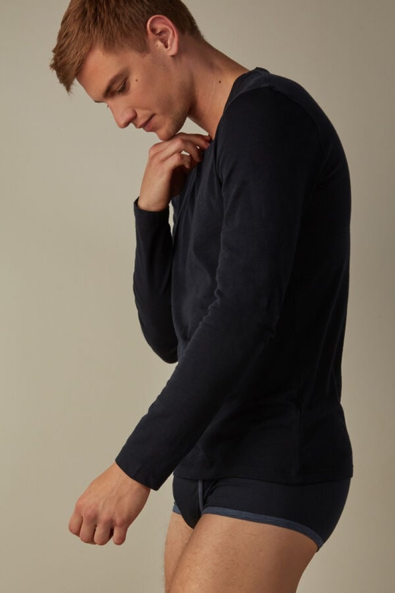 Intimissimi Crew-Neck Merino-Wool Top Men's Long Sleeve Blue | USA 2939WYH