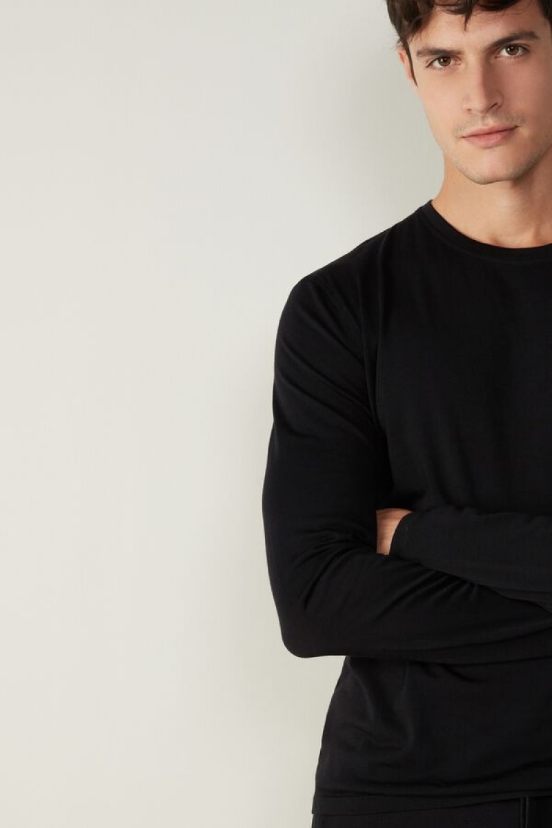 Intimissimi Crew-Neck Merino-Wool Top Men's Long Sleeve Black | USA 2949KIM