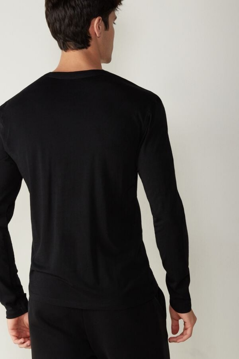 Intimissimi Crew-Neck Merino-Wool Top Men's Long Sleeve Black | USA 2949KIM