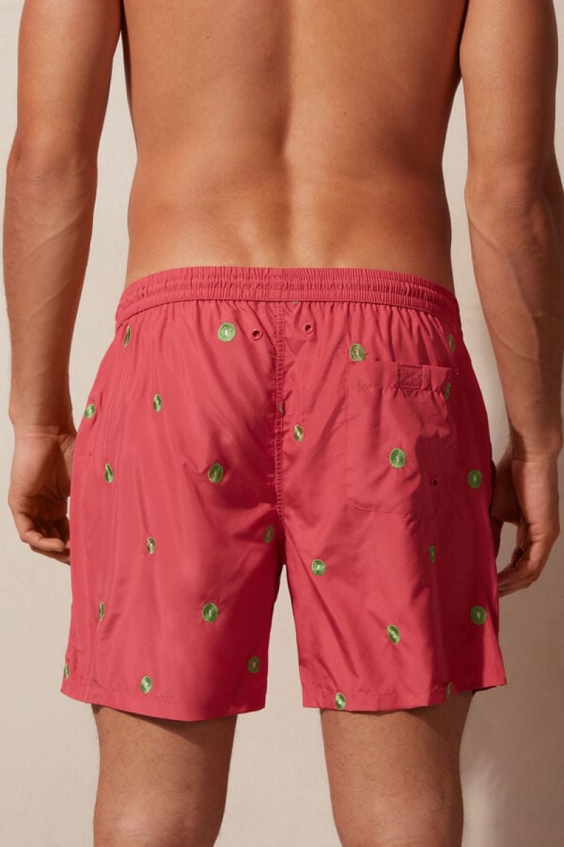 Intimissimi Embroidered Kiwi Men's Swim Trunks Dark Pink | USA 2737JJC