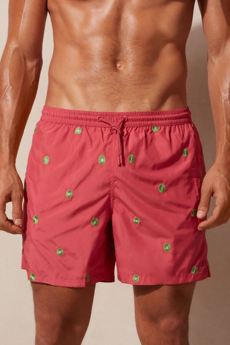 Intimissimi Embroidered Kiwi Men\'s Swim Trunks Dark Pink | USA 2737JJC