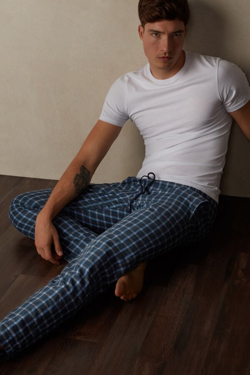 Intimissimi Full Length Pants in Check Patterned Brushed Cloth Men's Pajamas Blue | USA 2880HKO