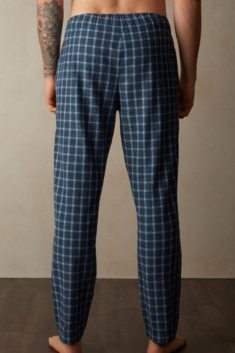 Intimissimi Full Length Pants in Check Patterned Brushed Cloth Men's Pajamas Blue | USA 2880HKO