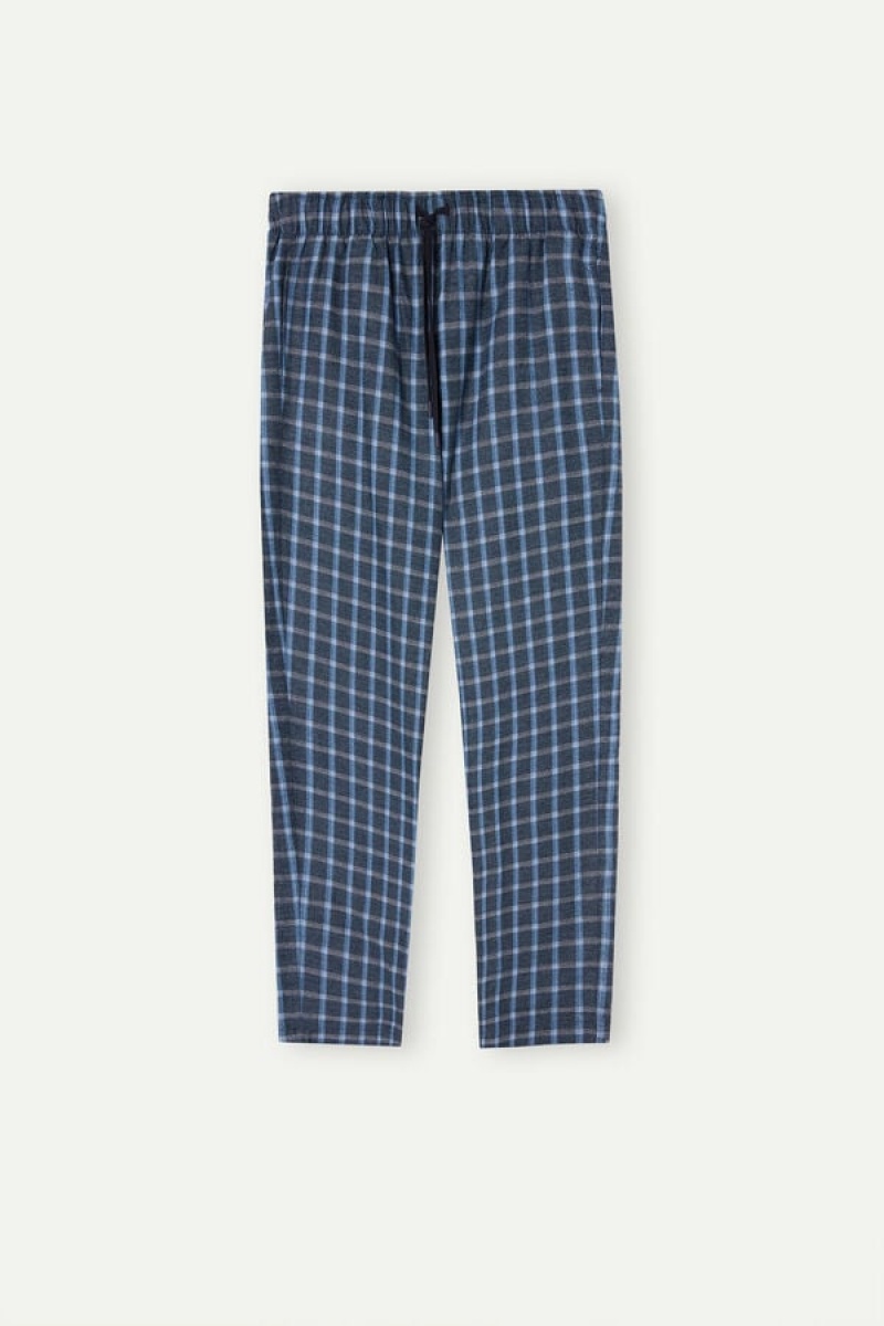 Intimissimi Full Length Pants in Check Patterned Brushed Cloth Men's Pajamas Blue | USA 2880HKO