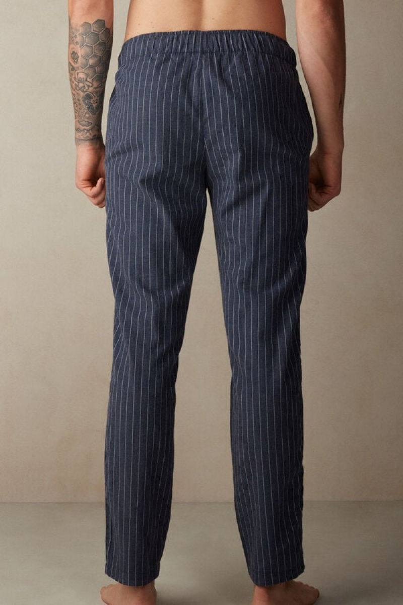 Intimissimi Full Length Pants in Denim Pinstripe Patterned Brushed Cloth Men's Pajamas Blue | USA 2881GLP