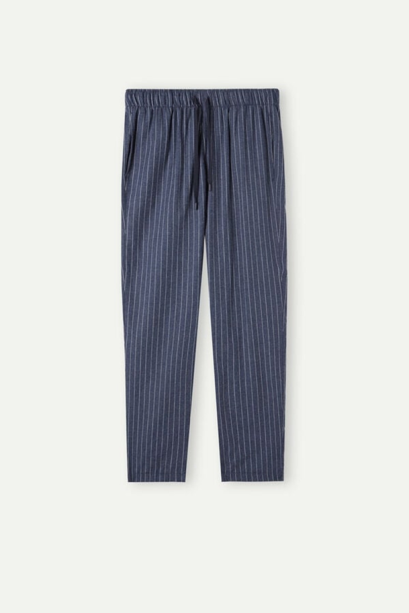 Intimissimi Full Length Pants in Denim Pinstripe Patterned Brushed Cloth Men's Pajamas Blue | USA 2881GLP