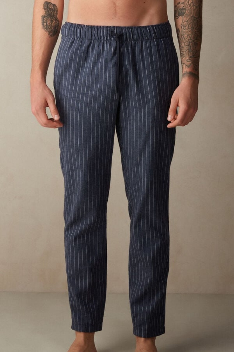 Intimissimi Full Length Pants in Denim Pinstripe Patterned Brushed Cloth Men\'s Pajamas Blue | USA 2881GLP