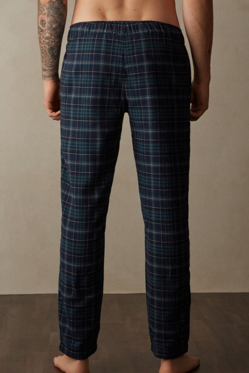 Intimissimi Full Length Pants in Green and Blue Plaid Brushed Cloth Men's Pajamas Green / Blue | USA 2878KIU