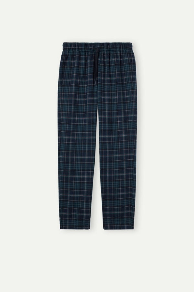 Intimissimi Full Length Pants in Green and Blue Plaid Brushed Cloth Men's Pajamas Green / Blue | USA 2878KIU