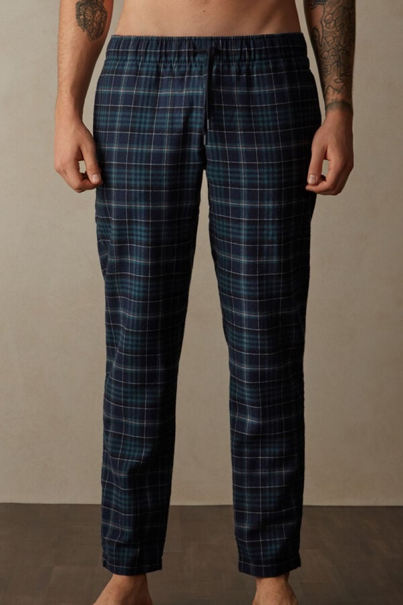 Intimissimi Full Length Pants in Green and Blue Plaid Brushed Cloth Men\'s Pajamas Green / Blue | USA 2878KIU