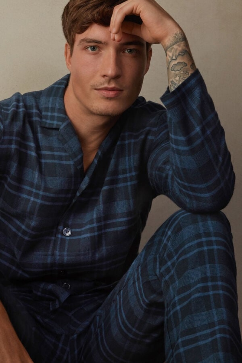 Intimissimi Full Length in Brushed Blue Check Patterned Cloth Men's Pajamas Blue | USA 2920EXV