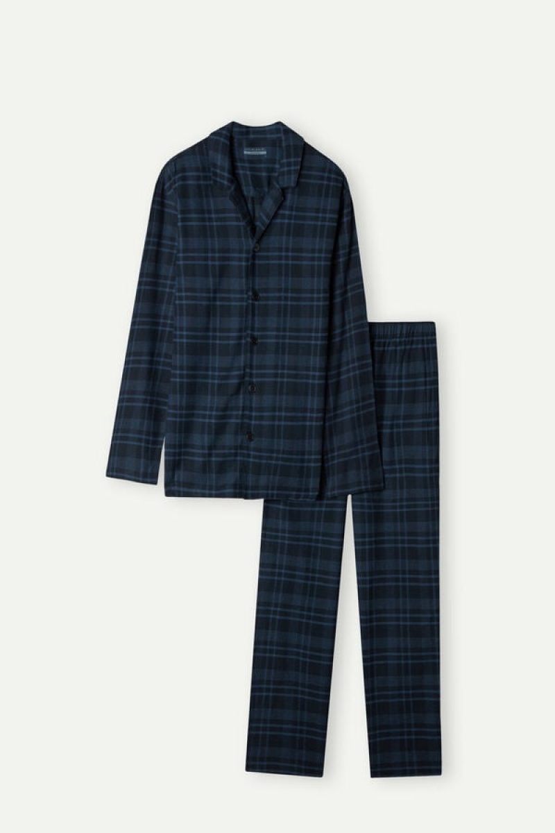 Intimissimi Full Length in Brushed Blue Check Patterned Cloth Men's Pajamas Blue | USA 2920EXV